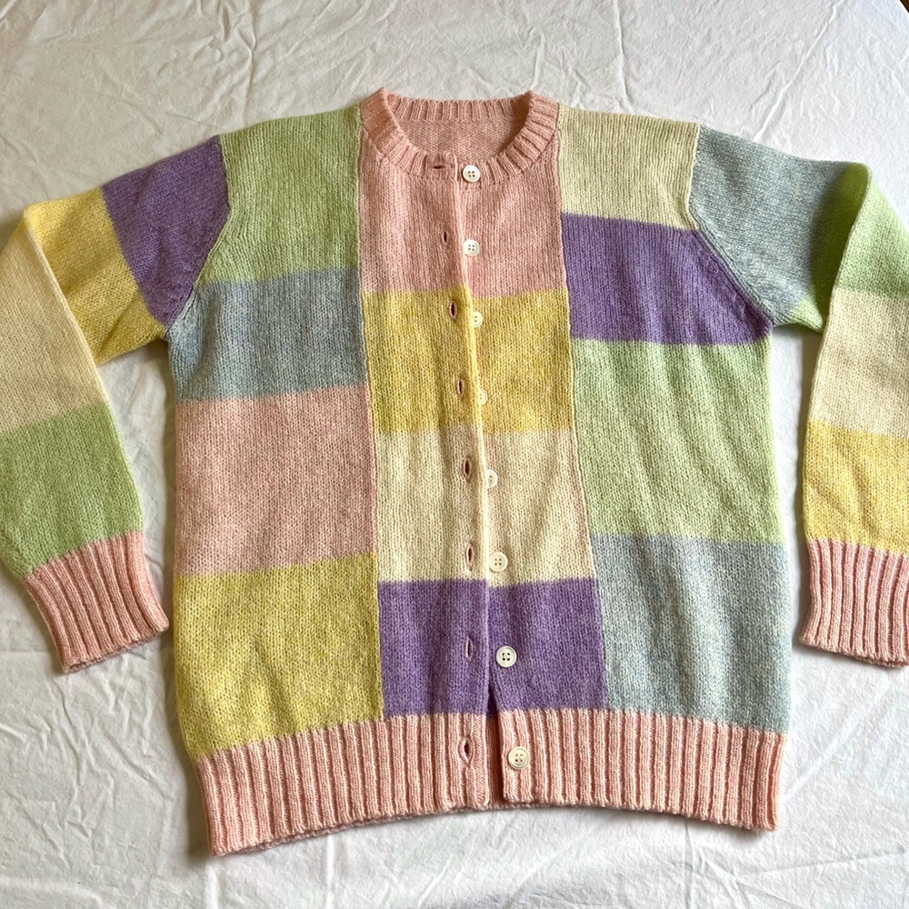 Colorful Patchwork wool knit Cardigan - Women’s or Medium Large - Pastel ish